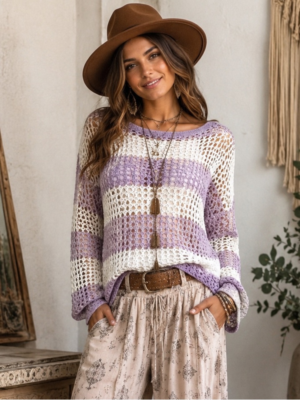 Open Knit Stripe Sweater in Lavender and Cream Small - Picture 1 of 8